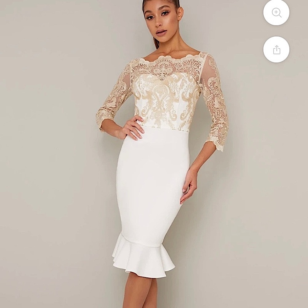 Embroidered Bodycon Peplum Hem Midi Dress
